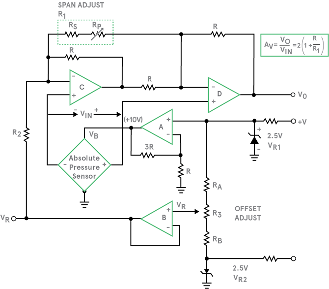 Absolute pressure sensor connected with quad op-amp configuration