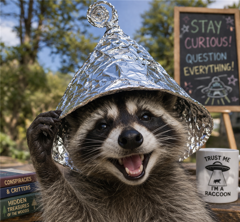 Raccoon wearing a tinfoil hat