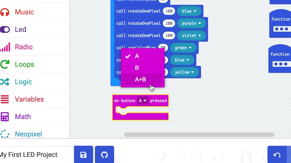 Setting Up On Button Pressed Block in Make Code