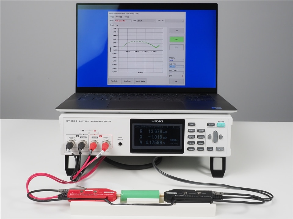 HIOKI BT4560 battery impedance meter controlled by a Windows system