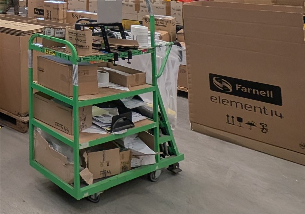 A green trolly and a large Farnel/Element14 box