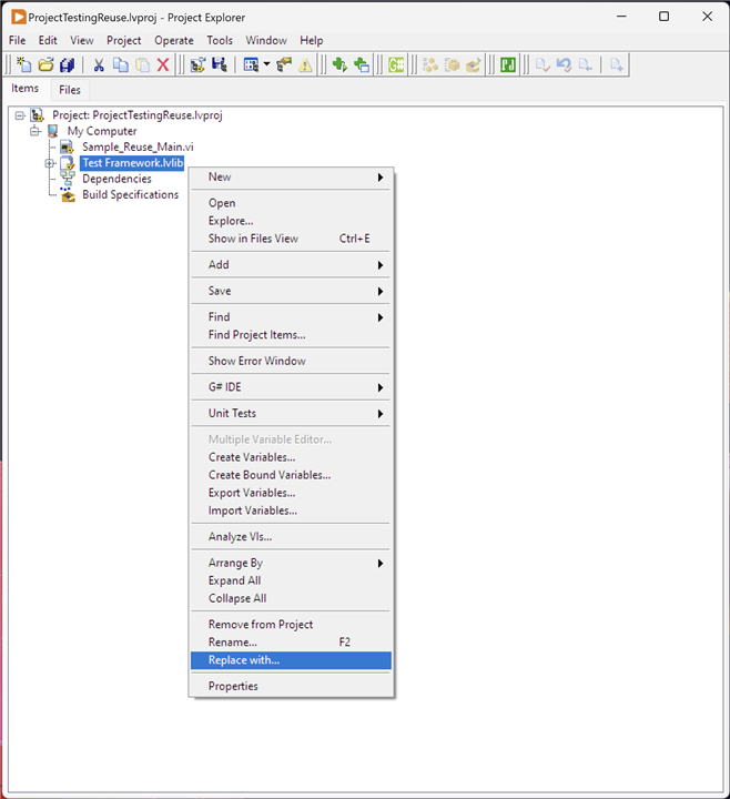 Image showing how reusable code from a Project Template can be updated by right-clicking on the relevant project item and selecting "Replace with"