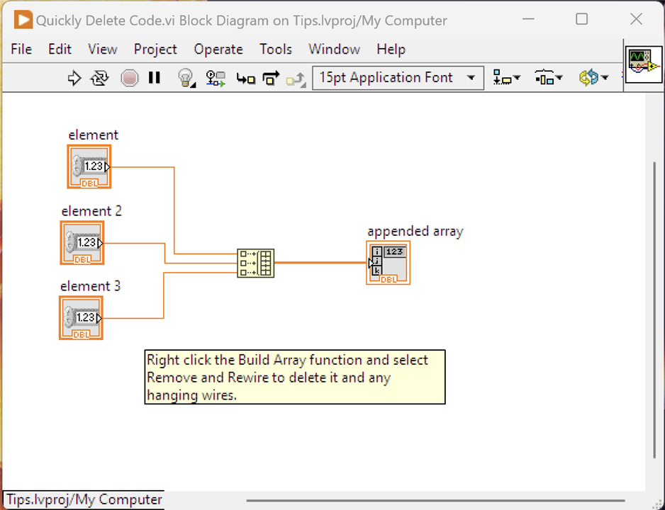 Image showing a Block Diagram with a comment explaining how to easily and tidily remove a node.