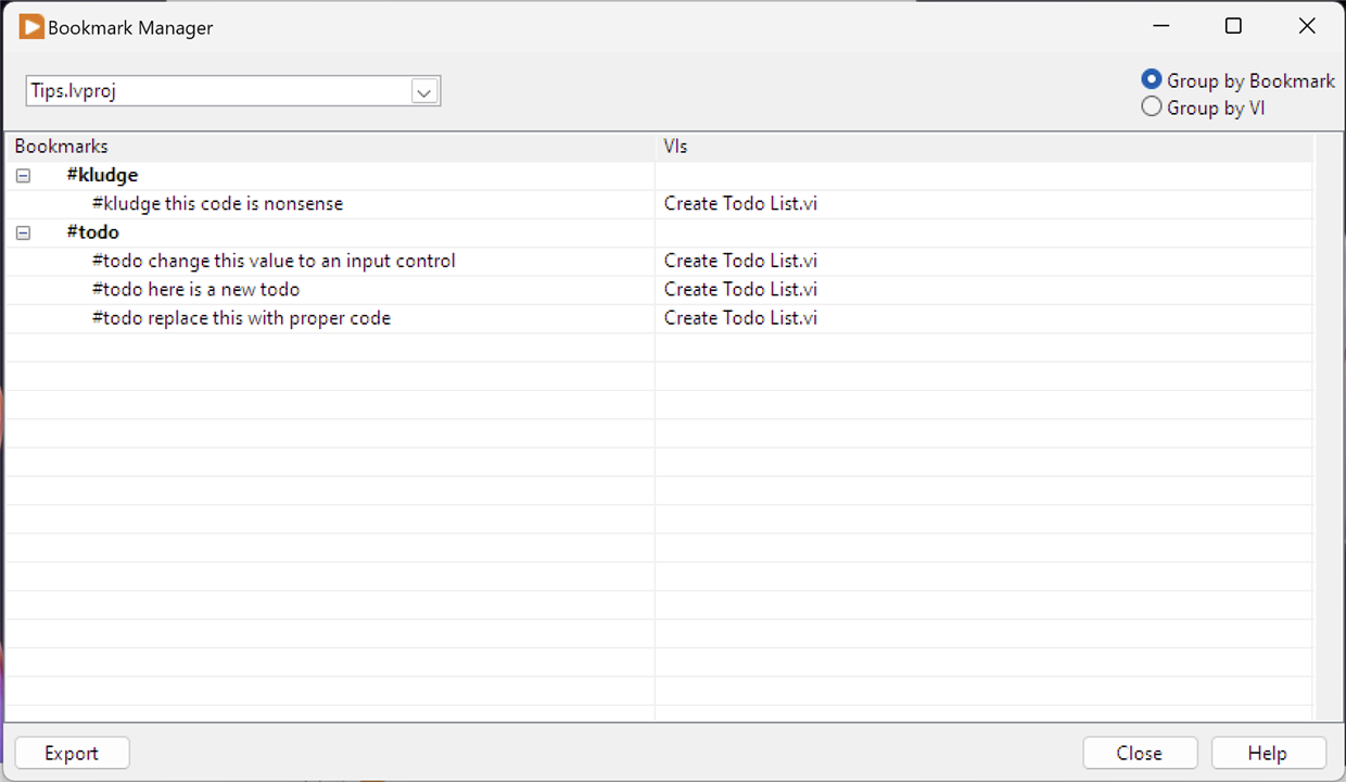 Image showing the LabVIEW Bookmark Manager displaying the to do comments created on the Block Diagram