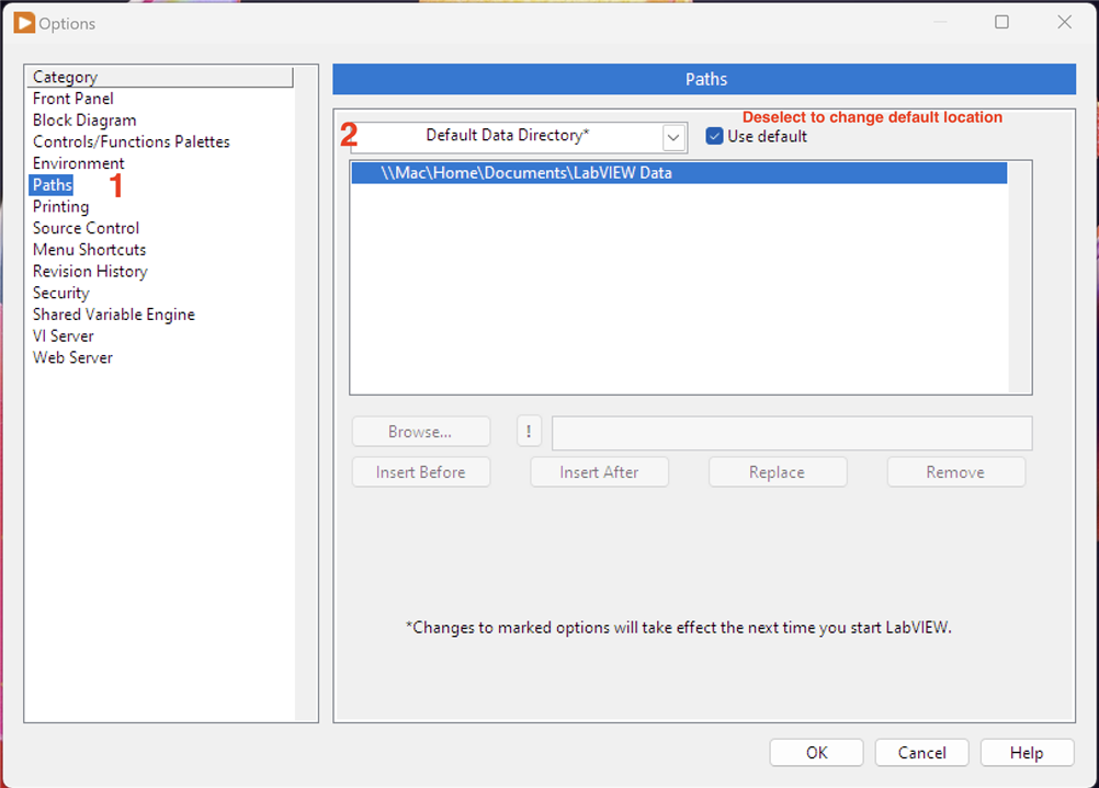 Image showing how to check or change the LabVIEW Data folder location in LabVIEW options