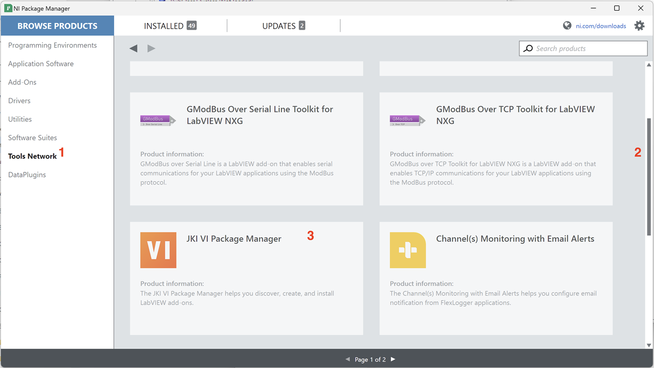 Screenshot showing the NI Package Manager application positioned to install JKI VI Package Manager