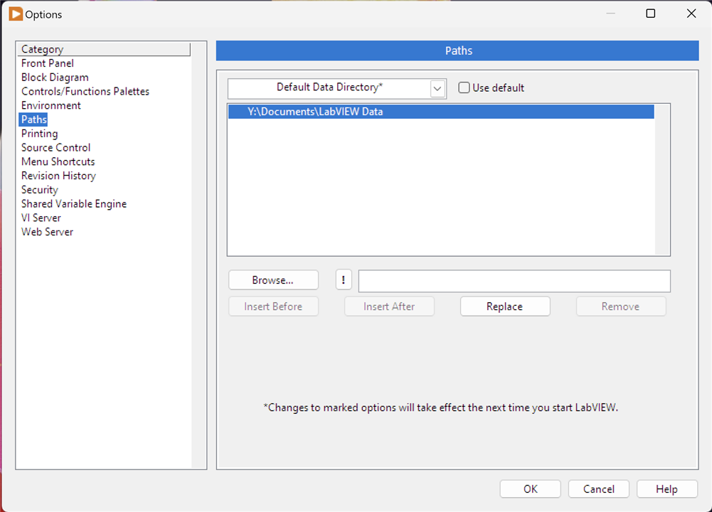 Image showing the LabVIEW options for Paths and the Default Data Directory location