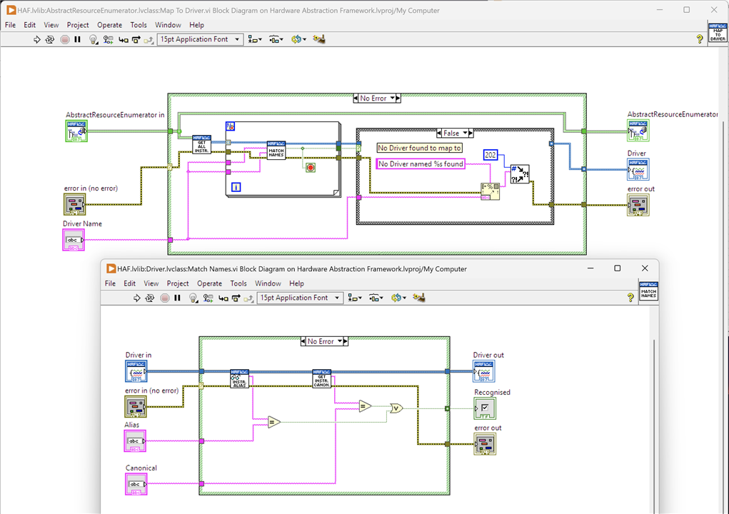 Image showing two VIs involved in the runtime mapping of a Driver Name to an actual Driver (Instrument) instance