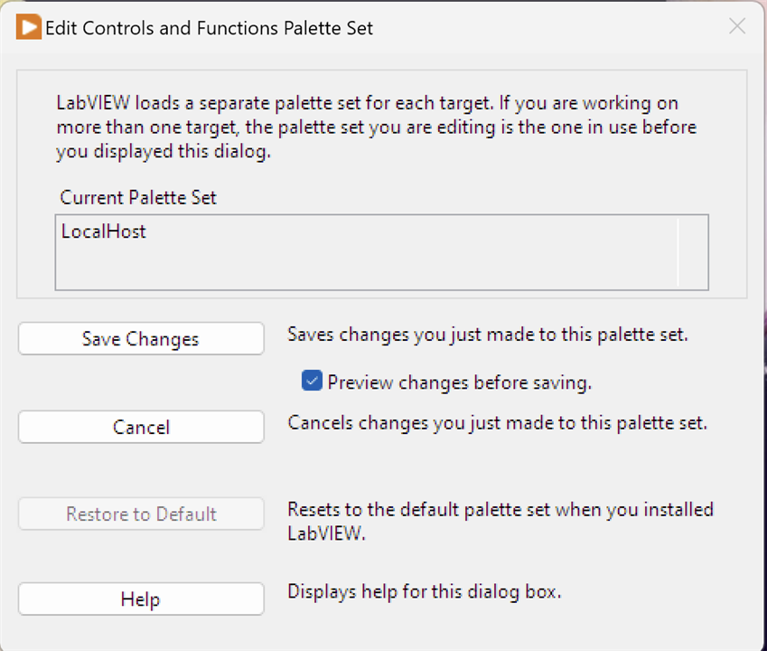 Image showing the Edit Controls and Functions Palette Set dialog