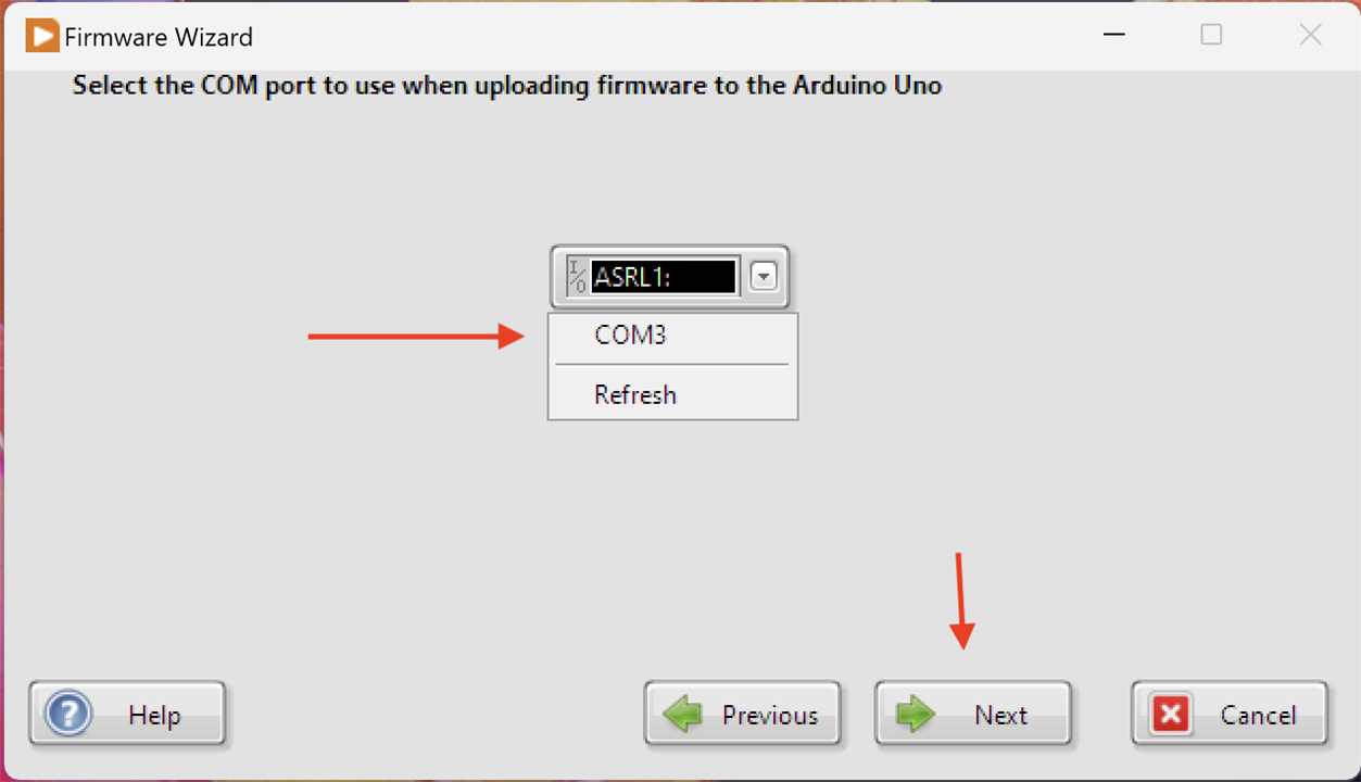 Image showing step 2.  Select the right COM port