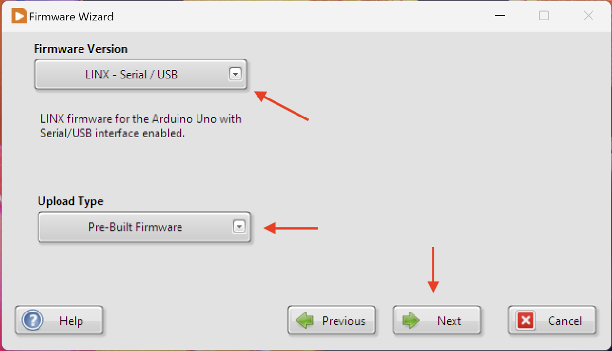 Image showing Step 3.  Select the LINX - Serial/USB firmware and Pre-Built Firmware type