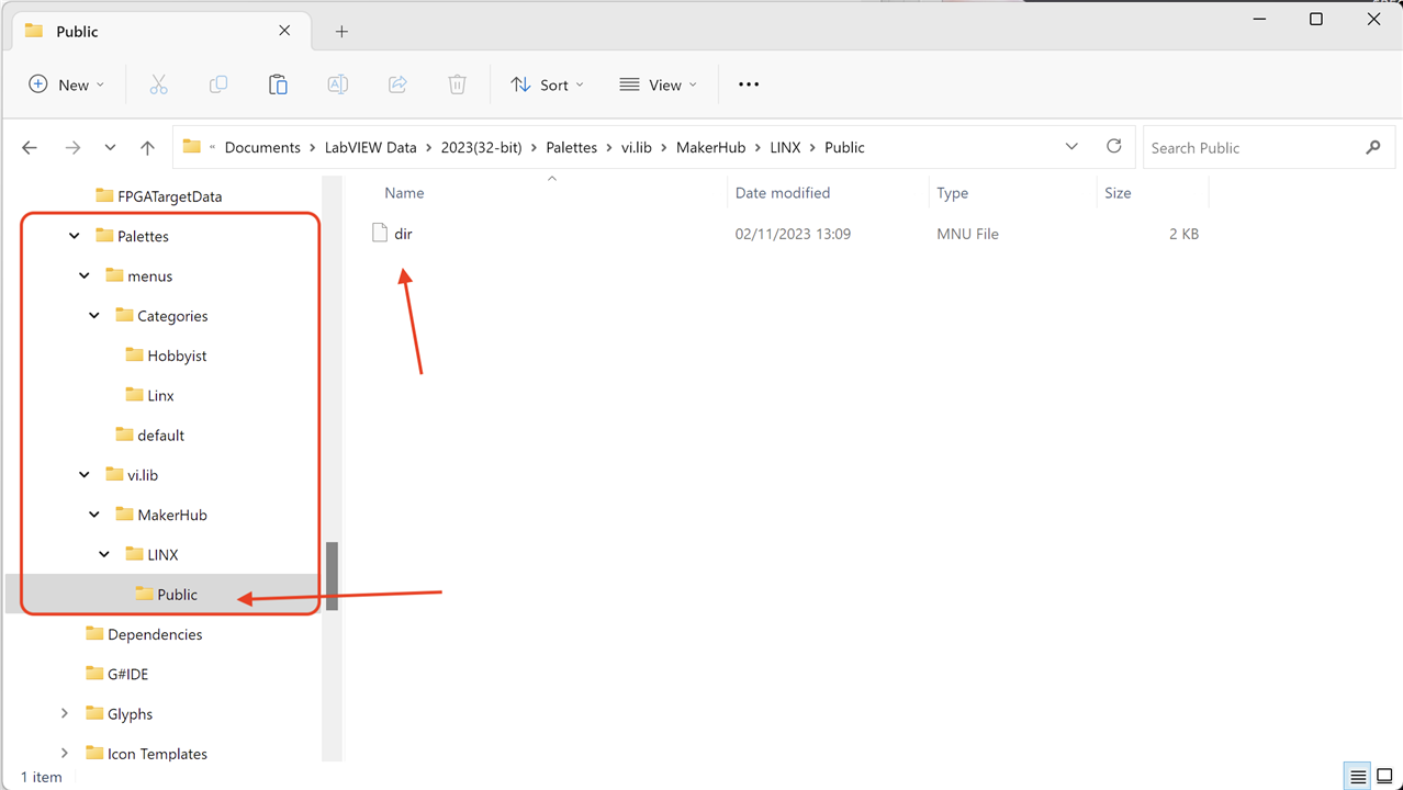 Image showing location of LINX palette file