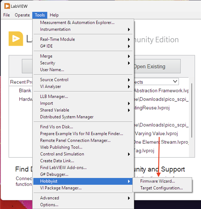 Image showing how to launch LINX Firmware Wizard via the Tools, Hobbyist, Firmware Wizard menu option