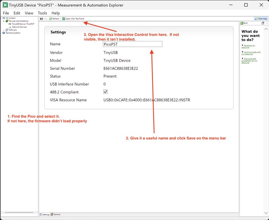 Image showing NI Max open with the Pico selected.  Instructions to change its name and launch Visa Interactive Control application