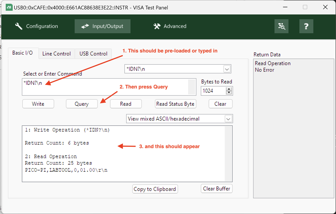 Image showing the Visa Test Panel having run a *IDN? command to the Pico