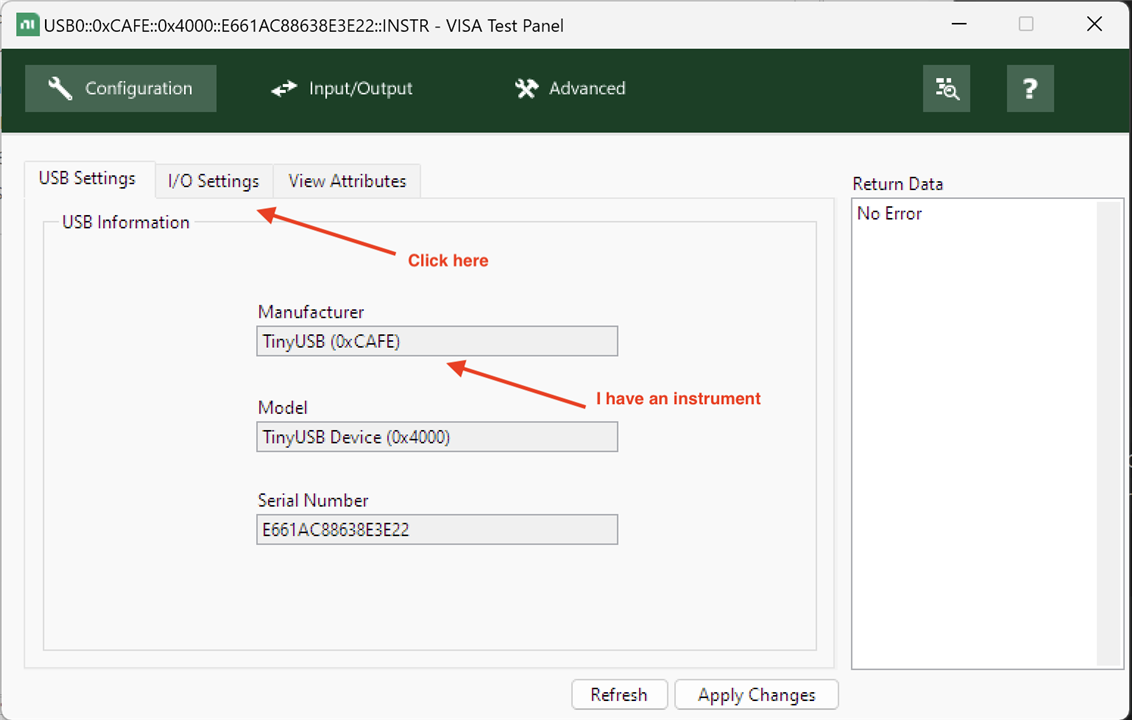 Image showing the USB Settings tab of the Visa Test Panel with the Pico details populated