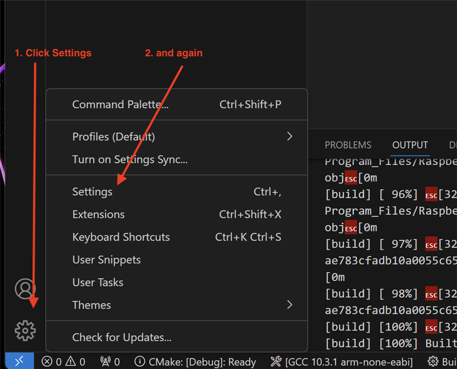 Image showing how to open Settings in Visual Studio Code