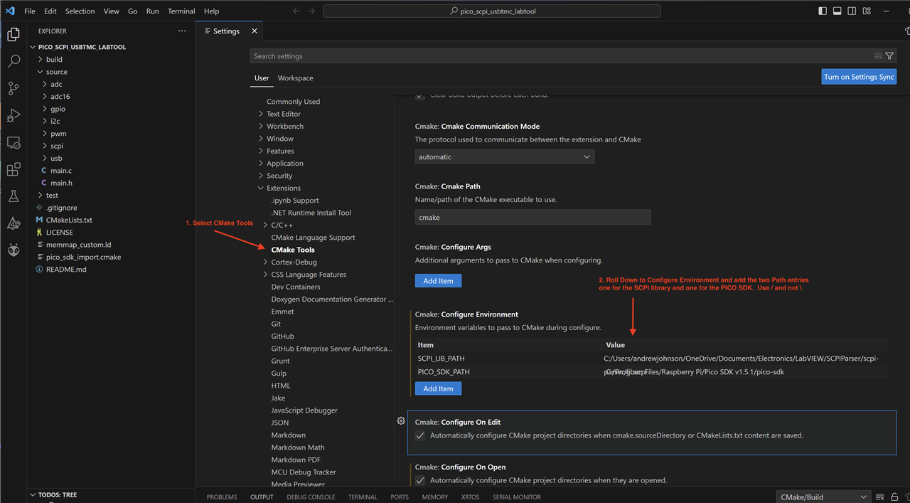 Image showing how to add Paths to the CMake settings in Visual Studio Code