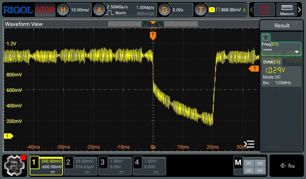 Oscilloscope screen capture of 1V rail dropping