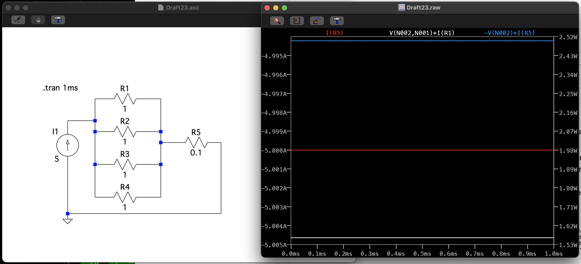 LT Spice schematic with run results showing power used by the 1Ohm resistors on the source of the MOSFETs at 5Amps